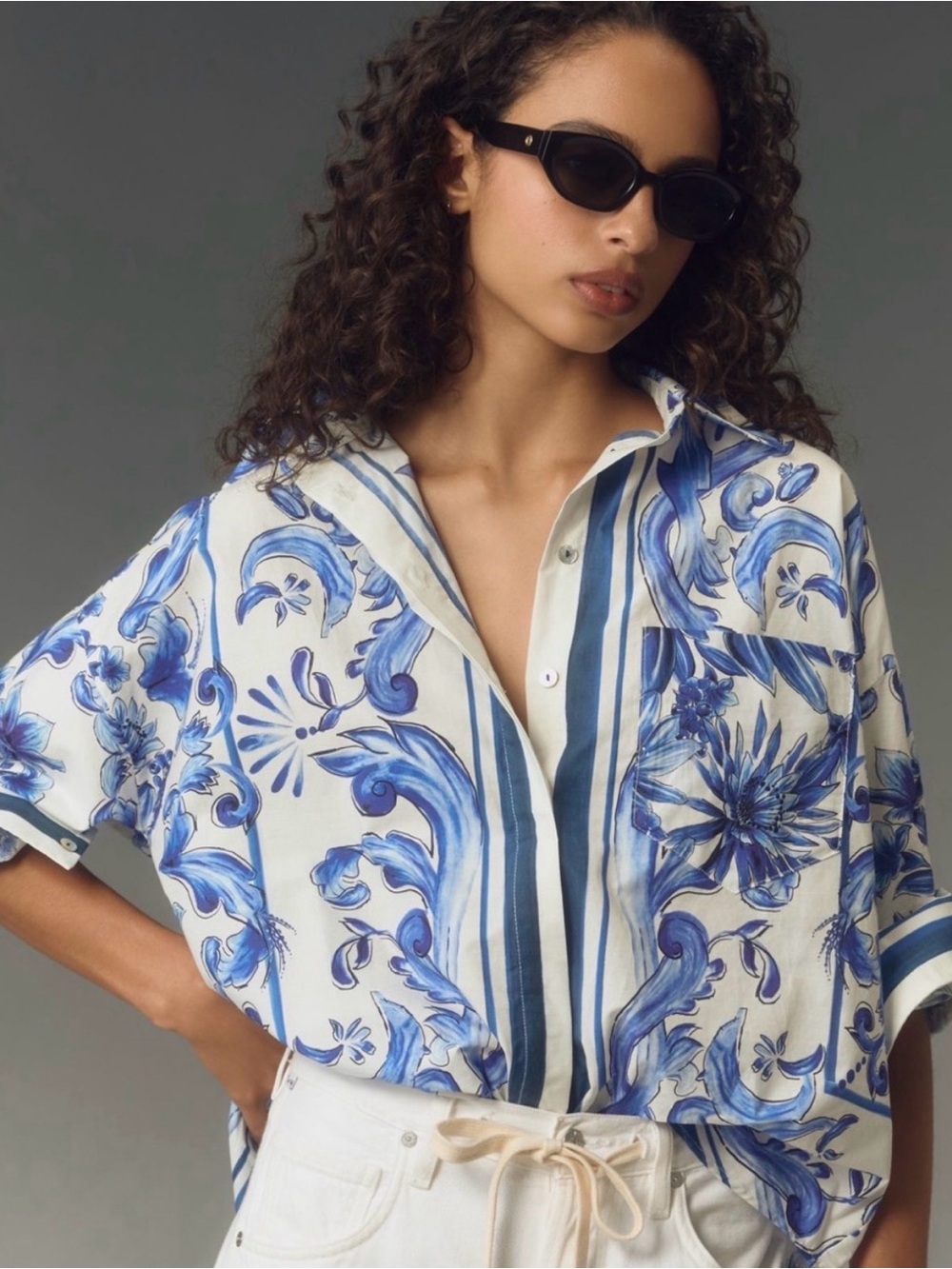 Farm Rio Garden Tile Blue Floral Button-Up Shirt Blouse S